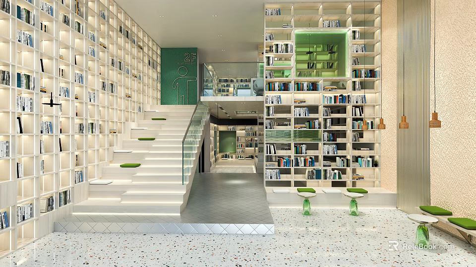 Artistic Book Art Interior Design With White Bookshelves Green Staircase And Books 3d model 
