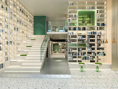 Artistic Book Art Interior Design With White Bookshelves Green Staircase And Books 3d model