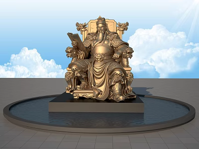 Golden Carved Sculpture on Throne Holding Scroll with Black Base Pool Blue Sky White Clouds 3d model