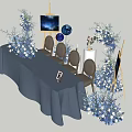 Elegant Table and Chair Set with Blue Tablecloth Decorative Flowers and Balloons