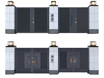 Gray Decorative Double Doors With White Pillars And Top Lamps Entrance Design 3d model
