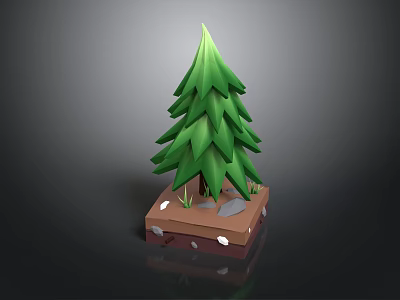 3D Pine Tree Design With Wooden Base And Stone Elements On Grass 3d model