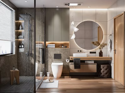 Modern Bathroom Interior With Glass Shower Partition Round Mirror Pendant Lights And Wooden Vanity 3d model