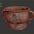 Ancient Bronze Vessel With Double Handles Intricate Carvings And Decorative Base