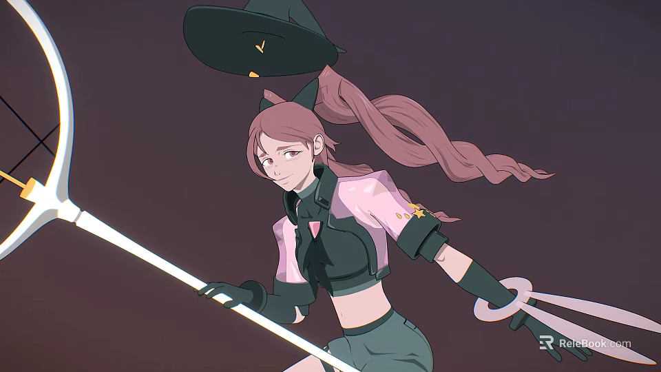 Woman with pink long ponytail black hat yellow decorations holding glowing sword in dark sky 3d model 