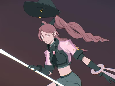 Woman with pink long ponytail black hat yellow decorations holding glowing sword in dark sky 3d model