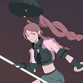 Woman with pink long ponytail black hat yellow decorations holding glowing sword in dark sky