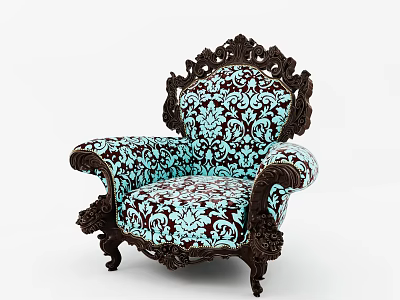 Vintage Ornate Armchair With Carved Wooden Frame And Turquoise Floral Pattern 3d model