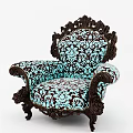 Vintage Ornate Armchair With Carved Wooden Frame And Turquoise Floral Pattern
