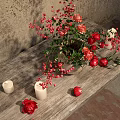 Rustic Wooden Table Decor With Red Flowers Berries Vase And White Candles
