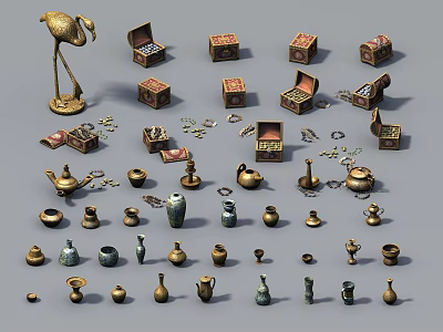 Vintage Jewelry Collection With Decorative Boxes Teapots And Flamingo Figurine 3d model