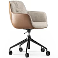 Light Gray Fabric Accent Chair With Brown Leather Armrests And Black Metal Base Wheels