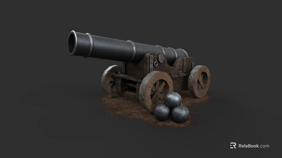 Vintage Black Cannon With Wooden Wheels And Cannonballs On Dirt Ground 3d model 