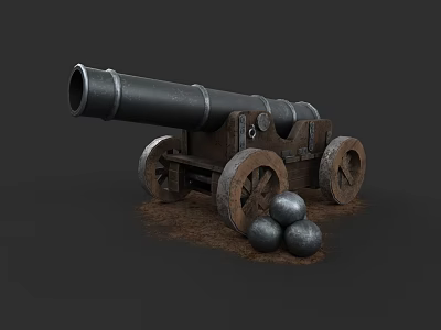 Vintage Black Cannon With Wooden Wheels And Cannonballs On Dirt Ground 3d model