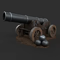 Vintage Black Cannon With Wooden Wheels And Cannonballs On Dirt Ground