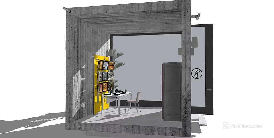 Surveillance Room Interior Design Featuring Gray Concrete Walls Yellow Display Shelves And Monitoring Equipment 3d model 