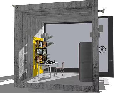 Surveillance Room Interior Design Featuring Gray Concrete Walls Yellow Display Shelves And Monitoring Equipment 3d model