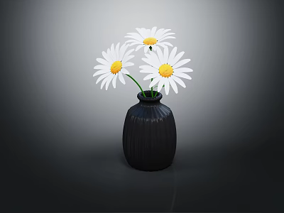 Black Cylindrical Textured Vase Holding Three White Daisies On Dark Background 3d model