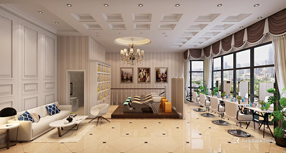 Elegant Beauty Salon Interior Design With Styling Chairs Sofa Chandelier Decorative Paintings And Large Windows 3d model 