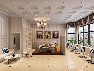 Elegant Beauty Salon Interior Design With Styling Chairs Sofa Chandelier Decorative Paintings And Large Windows 3d model