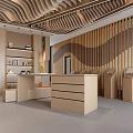 Modern Interior Showroom With Wooden Display Panels Reception Counter And Wavy Ceiling Design