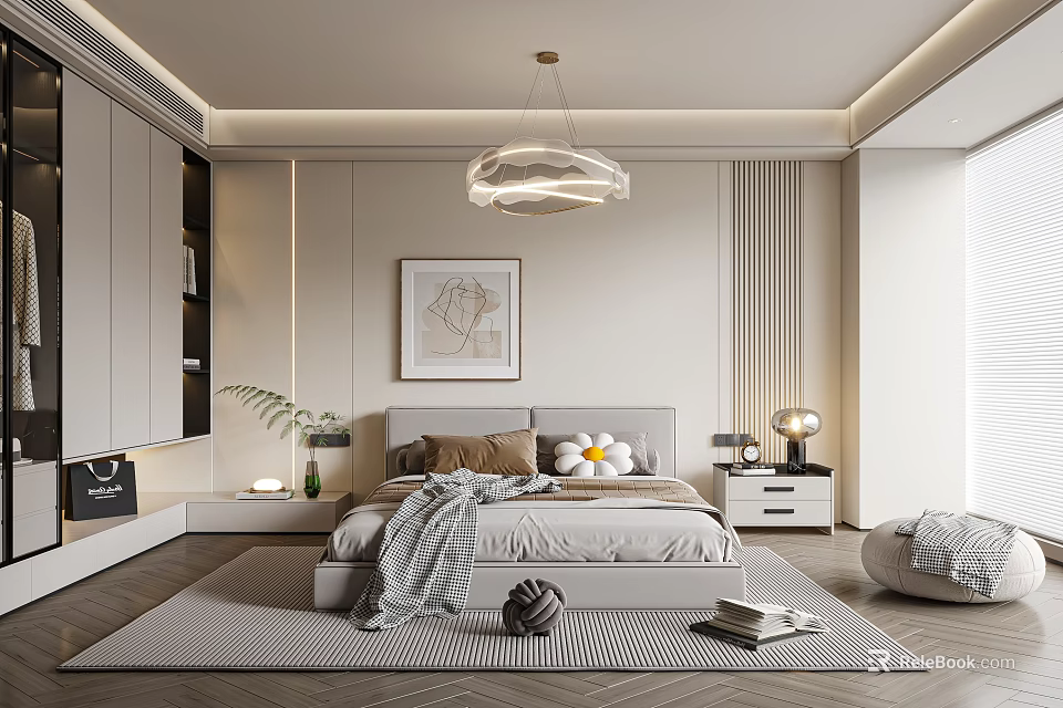 Elegant Modern Bedroom Interior With Bed Pillows Throw Blanket Nightstand Table Lamp And Artwork 3d model 