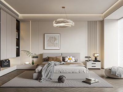 Elegant Modern Bedroom Interior With Bed Pillows Throw Blanket Nightstand Table Lamp And Artwork 3d model