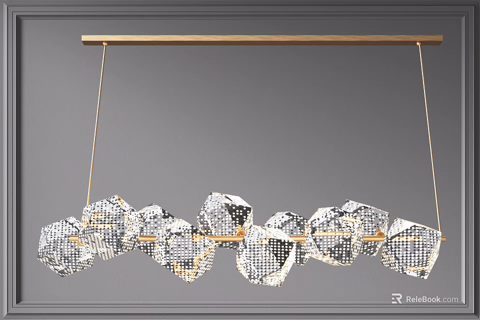 Elegant Modern Crystal Chandelier With Geometric Glass Pieces On Golden Hanging Bar 3d model 