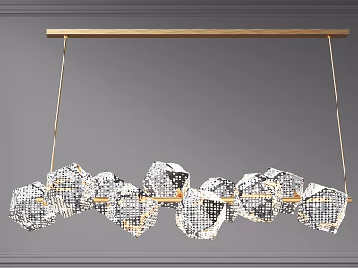 Elegant Modern Crystal Chandelier With Geometric Glass Pieces On Golden Hanging Bar 3d model