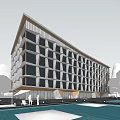 Modern Hotel Building With Geometric Glass Facade And Reflective Pool Surrounded by Trees