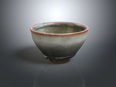Handcrafted Ceramic Bowl With Gray White Glaze And Red Rim For Everyday Use 3d model