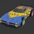 Blue And Yellow Sports Car With Unique Graphic Patterns And Black Rear Spoiler