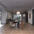 Elegant Living Dining Room Interior With Decorative Ceiling Dark Wooden Furniture Leather Sofa Herringbone Floor
