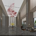 Modern Hotel Lobby Interior With Large Red Art Chandelier And Spiral Staircase