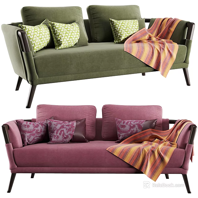 Green And Purple Sectional Sofas With Decorative Pillows And Striped Blankets 3d model