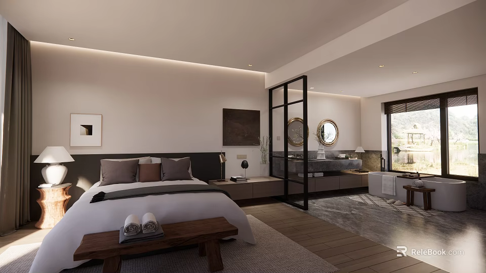 Modern Hotel Room Interior With King Size Bed Wooden Flooring Glass Partition And Scenic View 3d model 