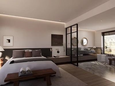 Modern Hotel Room Interior With King Size Bed Wooden Flooring Glass Partition And Scenic View 3d model