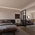 Modern Hotel Room Interior With King Size Bed Wooden Flooring Glass Partition And Scenic View