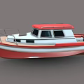 Red And White Wooden Boat With Wooden Deck Cabin Windows And Metal Railings