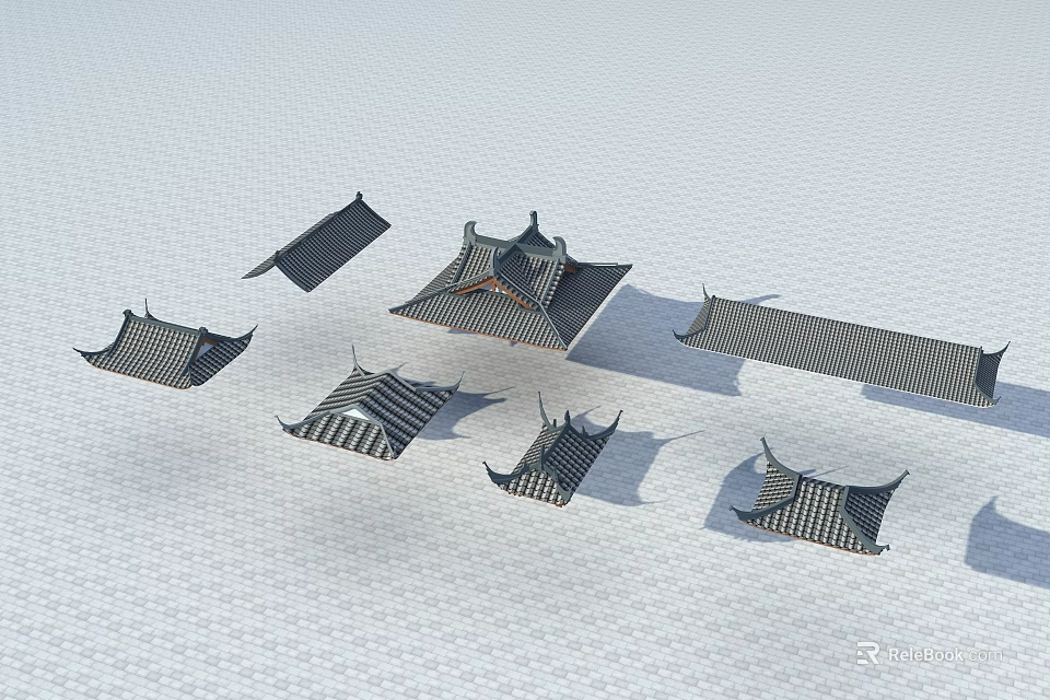 Traditional Chinese Architectural Roof Components With Various Eaves And Tile Styles 3d model 
