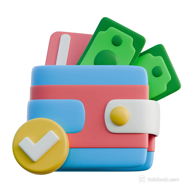 Colorful Ornament Decoration Set With Blue Pink Wallet Green Banknotes Card And Yellow Checkmark Coin 3d model 