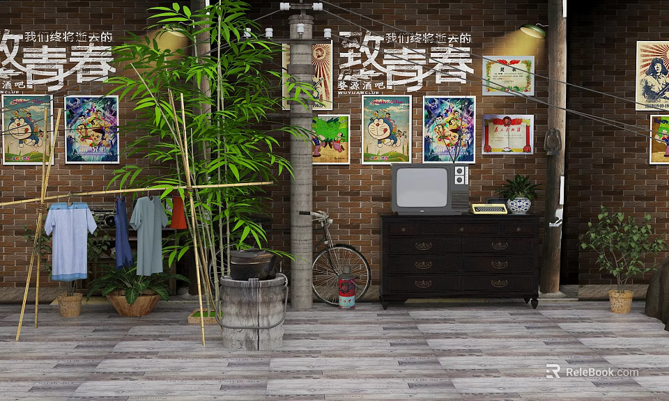 Garden Decor Scene with Green Plants Bamboo Brick Wall Vintage TV Bicycle and Wooden Barrel 3d model 