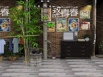 Garden Decor Scene with Green Plants Bamboo Brick Wall Vintage TV Bicycle and Wooden Barrel 3d model