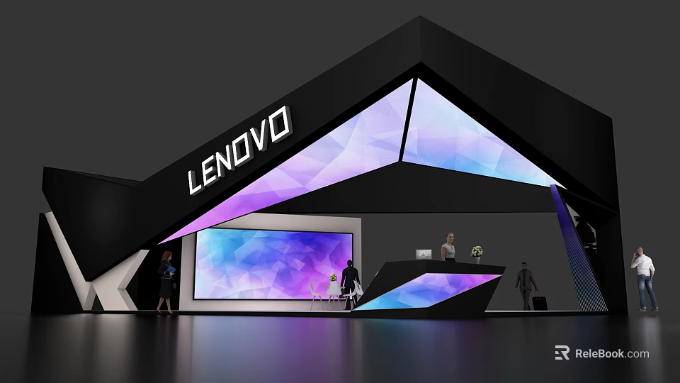 Lenovo Modern Exhibition Booth With Geometric Design Triangular Top And Large Screen 3d model 