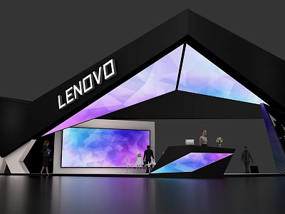 Lenovo Modern Exhibition Booth With Geometric Design Triangular Top And Large Screen 3d model