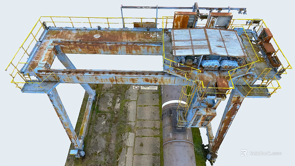 Rusted Industrial Equipment Structure With Yellow Guardrails Metal Platform And Pipes On Concrete Floor 3d model 