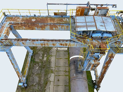 Rusted Industrial Equipment Structure With Yellow Guardrails Metal Platform And Pipes On Concrete Floor 3d model