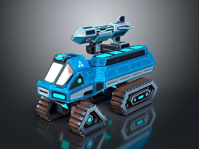 Futuristic Blue Military Vehicle With Tracked Wheels And Mounted Missile Launcher 3d model