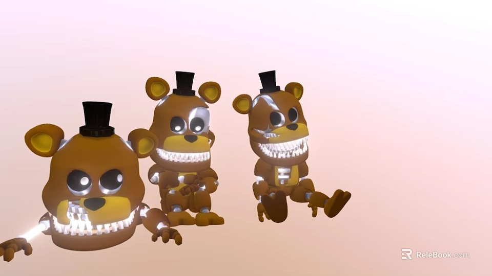 Scary Brown Cartoon Bear Game Characters With Black Top Hats And Large Teeth 3d model 
