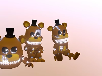 Scary Brown Cartoon Bear Game Characters With Black Top Hats And Large Teeth 3d model